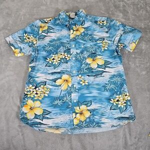 Ken LTD Just for You Shirt Mens Large Blue Hawaiian Multi-Buttonup Cotton Casual